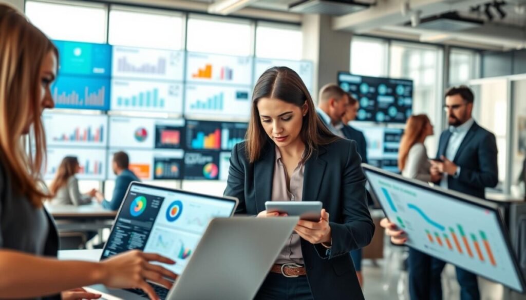 A modern, stylish office space bustling with activity, showcasing a diverse group of professionals engaged in data analysis. In the foreground, a focused woman in business attire examines digital dashboards on a sleek laptop, her expression showing determination. Beside her, a man reviews a colorful infographic displayed on a tablet, deep in discussion. The middle layer features a wall of monitors displaying various analytics graphs and metrics, with vibrant colors representing engagement levels. In the background, large windows allow natural light to fill the room, creating a bright and motivating atmosphere. The overall mood is collaborative and innovative, emphasizing the importance of data analysis for sustainable growth in engagement strategies. The scene is framed from a slightly elevated angle to capture all elements clearly.