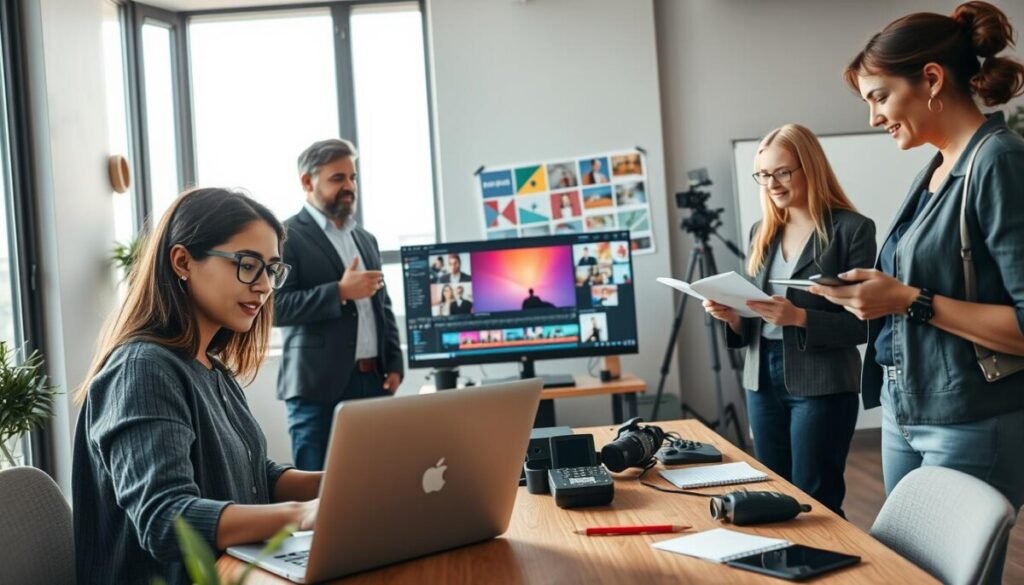 A modern, stylish workspace featuring a diverse group of three professionals collaborating on video generation techniques. In the foreground, a female video editor with glasses attentively reviews footage on a laptop. To the left, a male content creator gestures towards a colorful storyboard pinned on a wall. On the right, a female director takes notes while observing the discussion, all dressed in smart casual attire. The middle ground includes a large monitor displaying high-resolution graphics of video editing software, and various video production equipment scattered around. The background reveals a large window letting in soft, natural light, creating a bright and inspiring atmosphere. The composition is warm and inviting, promoting creativity and teamwork in video production. The angle is slightly above eye level, offering an engaging view of the action. A modern, stylish workspace featuring a diverse group of three professionals collaborating on video generation techniques. In the foreground, a female video editor with glasses attentively reviews footage on a laptop. To the left, a male content creator gestures towards a colorful storyboard pinned on a wall. On the right, a female director takes notes while observing the discussion, all dressed in smart casual attire. The middle ground includes a large monitor displaying high-resolution graphics of video editing software, and various video production equipment scattered around. The background reveals a large window letting in soft, natural light, creating a bright and inspiring atmosphere. The composition is warm and inviting, promoting creativity and teamwork in video production. The angle is slightly above eye level, offering an engaging view of the action.