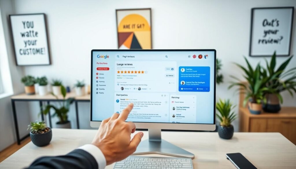A modern, user-friendly Google Reviews dashboard displayed on a sleek computer monitor set on a minimalist desk. In the foreground, a pair of professional business hands are seen interacting with the screen, clicking on stars to leave a review response. The middle of the image showcases a vibrant, clean interface of the Google Reviews page, featuring various star ratings and customer feedback sections. The background is softly blurred, depicting an organized office environment with potted plants and motivational artwork on the walls. The lighting is bright and inviting, creating a positive and professional atmosphere. The camera angle is slightly tilted from above to capture the desktop and monitor clearly, highlighting the effective management of customer feedback. A modern, user-friendly Google Reviews dashboard displayed on a sleek computer monitor set on a minimalist desk. In the foreground, a pair of professional business hands are seen interacting with the screen, clicking on stars to leave a review response. The middle of the image showcases a vibrant, clean interface of the Google Reviews page, featuring various star ratings and customer feedback sections. The background is softly blurred, depicting an organized office environment with potted plants and motivational artwork on the walls. The lighting is bright and inviting, creating a positive and professional atmosphere. The camera angle is slightly tilted from above to capture the desktop and monitor clearly, highlighting the effective management of customer feedback.