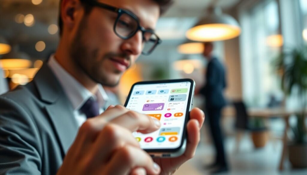 A modern, user-friendly mobile app interface displayed on a sleek smartphone screen, focusing on productivity features. In the foreground, a person in smart casual attire interacts with the app, tapping the screen thoughtfully. The middle ground features an open digital workspace filled with vibrant elements representing tasks, icons, and notifications, subtly glowing to indicate activity. The background showcases a blurred office environment, softly illuminated by warm natural light, creating an inviting atmosphere. The camera angle is slightly angled downwards at the smartphone to emphasize the app experience. The overall mood conveys efficiency, focus, and innovation, highlighting the importance of optimizing app interfaces for better performance. A modern, user-friendly mobile app interface displayed on a sleek smartphone screen, focusing on productivity features. In the foreground, a person in smart casual attire interacts with the app, tapping the screen thoughtfully. The middle ground features an open digital workspace filled with vibrant elements representing tasks, icons, and notifications, subtly glowing to indicate activity. The background showcases a blurred office environment, softly illuminated by warm natural light, creating an inviting atmosphere. The camera angle is slightly angled downwards at the smartphone to emphasize the app experience. The overall mood conveys efficiency, focus, and innovation, highlighting the importance of optimizing app interfaces for better performance.