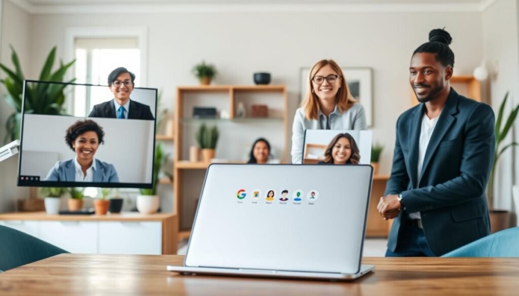 A modern virtual meeting environment depicting Google Meet in action. In the foreground, a diverse group of four professionals is engaged in a video call, each appearing on floating screens, showcasing a mix of business attire and smart casual clothing. The middle section features a sleek laptop on a wooden desk, with the Google Meet interface visible, highlighting smiling faces and collaborative discussions. The background displays a well-lit home office with potted plants and contemporary decor, enhancing the work-from-home atmosphere. Soft, natural lighting fills the room, creating a warm and inviting ambiance. The angle is slightly tilted, capturing both the participants and the screen clearly, emphasizing a sense of connectedness and teamwork. A modern virtual meeting environment depicting Google Meet in action. In the foreground, a diverse group of four professionals is engaged in a video call, each appearing on floating screens, showcasing a mix of business attire and smart casual clothing. The middle section features a sleek laptop on a wooden desk, with the Google Meet interface visible, highlighting smiling faces and collaborative discussions. The background displays a well-lit home office with potted plants and contemporary decor, enhancing the work-from-home atmosphere. Soft, natural lighting fills the room, creating a warm and inviting ambiance. The angle is slightly tilted, capturing both the participants and the screen clearly, emphasizing a sense of connectedness and teamwork.