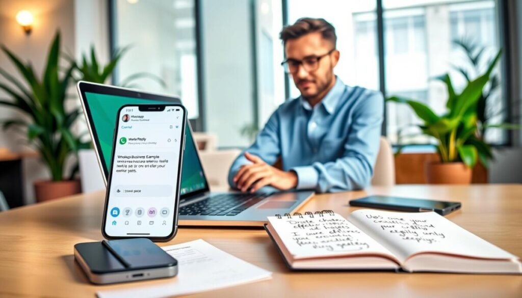A modern, visually appealing digital workspace scene featuring a sleek laptop open on a stylish desk, displaying a vibrant WhatsApp Business interface with an auto-reply message example on the screen. In the foreground, there's a smartphone with a notification showcasing the message, placed next to a notepad filled with written tips on crafting effective replies. In the middle, a professional wearing smart casual attire is thoughtfully typing on the laptop, with a focused expression. The background features soft office lighting, plants for a refreshing atmosphere, and a subtle hint of a large window showing a bright day outside, instilling a sense of productivity and clarity. The overall mood is informative and aspirational, emphasizing professionalism in business communication. A modern, visually appealing digital workspace scene featuring a sleek laptop open on a stylish desk, displaying a vibrant WhatsApp Business interface with an auto-reply message example on the screen. In the foreground, there's a smartphone with a notification showcasing the message, placed next to a notepad filled with written tips on crafting effective replies. In the middle, a professional wearing smart casual attire is thoughtfully typing on the laptop, with a focused expression. The background features soft office lighting, plants for a refreshing atmosphere, and a subtle hint of a large window showing a bright day outside, instilling a sense of productivity and clarity. The overall mood is informative and aspirational, emphasizing professionalism in business communication.