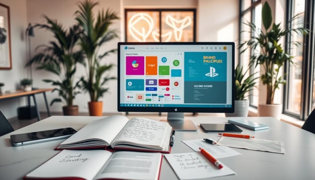 A modern, visually striking workspace featuring a neatly organized brand kit setup using Canva. In the foreground, a computer screen displays the Canva interface with colorful brand elements such as a logo, color palette, and typography options. Beside the computer, an open notebook showcases handwritten notes on branding principles. The middle ground features a stylish desk with graphic design tools, like a tablet and sketches, conveying a creative environment. In the background, soft natural light floods through a large window, illuminating indoor plants that add a refreshing touch. The overall atmosphere is inspiring and professional, highlighting creativity, organization, and the excitement of developing a brand identity. The focus is on the tools and setup without any people present. A modern, visually striking workspace featuring a neatly organized brand kit setup using Canva. In the foreground, a computer screen displays the Canva interface with colorful brand elements such as a logo, color palette, and typography options. Beside the computer, an open notebook showcases handwritten notes on branding principles. The middle ground features a stylish desk with graphic design tools, like a tablet and sketches, conveying a creative environment. In the background, soft natural light floods through a large window, illuminating indoor plants that add a refreshing touch. The overall atmosphere is inspiring and professional, highlighting creativity, organization, and the excitement of developing a brand identity. The focus is on the tools and setup without any people present.