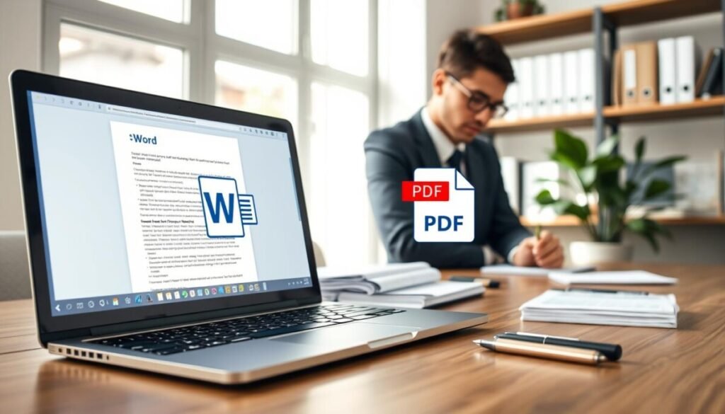 A modern, well-lit office setting featuring a sleek laptop on a wooden desk. In the foreground, a person wearing professional business attire is focused intently on the screen, where the Word document is displayed, with a PDF icon indicating conversion. In the middle ground, a stack of documents and stationery items like a notepad and pen are neatly arranged, emphasizing productivity. The background shows a bookshelf filled with organized files and a potted plant for a touch of greenery. Soft, natural light streams in from a window, creating a calm and professional atmosphere. The image captures the essence of handling different file types with a focus on efficiency and security. A modern, well-lit office setting featuring a sleek laptop on a wooden desk. In the foreground, a person wearing professional business attire is focused intently on the screen, where the Word document is displayed, with a PDF icon indicating conversion. In the middle ground, a stack of documents and stationery items like a notepad and pen are neatly arranged, emphasizing productivity. The background shows a bookshelf filled with organized files and a potted plant for a touch of greenery. Soft, natural light streams in from a window, creating a calm and professional atmosphere. The image captures the essence of handling different file types with a focus on efficiency and security.