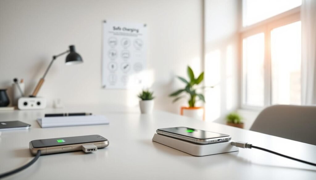 A modern, well-lit room featuring a sleek, high-tech charging station on a clean desk. In the foreground, a smartphone plugged into a charger, with a green charging indicator light glowing steadily. The phone is placed on a stylish and organized desk, surrounded by minimalistic office supplies and a small potted plant to add a touch of nature. In the middle ground, a wall-mounted poster outlines safe charging practices with icons and diagrams. The background includes a softly blurred window with natural sunlight streaming in, creating a warm and inviting atmosphere. The camera angle is slightly elevated to capture all elements, emphasizing a tidy and professional workspace. The mood conveys tranquility and efficiency, promoting the concept of safe phone charging practices.