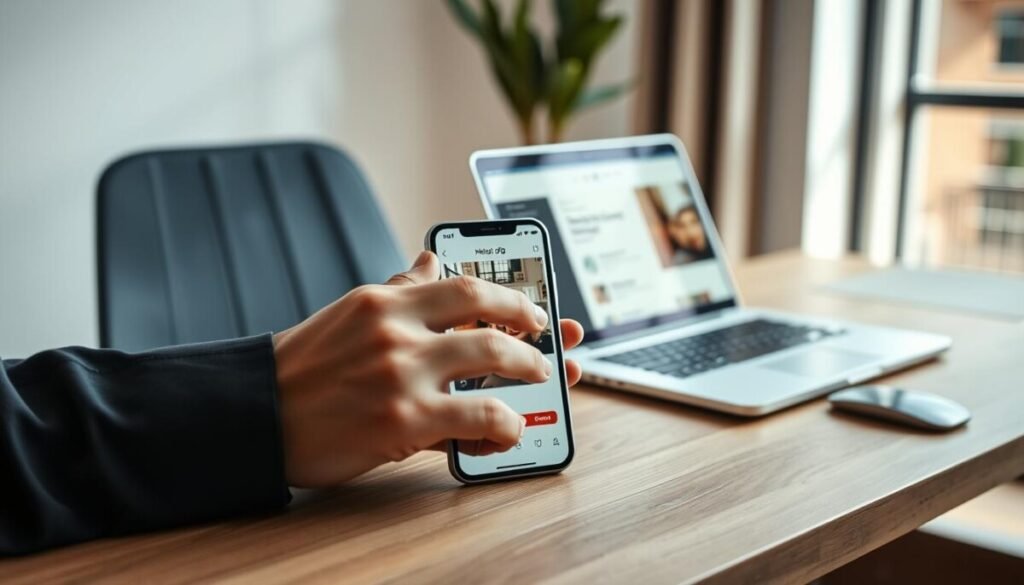 A modern, well-lit setting featuring an iPhone on a stylish wooden desk, showcasing the device's screen displaying the HEIC to JPG conversion process. In the foreground, a pair of hands, dressed in smart casual attire, are gently holding the iPhone, guiding it through the native conversion app. The middle ground displays a laptop open beside the iPhone, with a user-friendly interface visible on the screen, emphasizing the seamless integration between devices. In the background, soft natural light filters through a window, casting a warm and inviting ambiance. The overall mood is professional yet approachable, conveying efficiency and ease for Apple users. Aim for a clean, modern aesthetic with a focus on the technology, ensuring clarity and detail in the device screens. A modern, well-lit setting featuring an iPhone on a stylish wooden desk, showcasing the device's screen displaying the HEIC to JPG conversion process. In the foreground, a pair of hands, dressed in smart casual attire, are gently holding the iPhone, guiding it through the native conversion app. The middle ground displays a laptop open beside the iPhone, with a user-friendly interface visible on the screen, emphasizing the seamless integration between devices. In the background, soft natural light filters through a window, casting a warm and inviting ambiance. The overall mood is professional yet approachable, conveying efficiency and ease for Apple users. Aim for a clean, modern aesthetic with a focus on the technology, ensuring clarity and detail in the device screens.