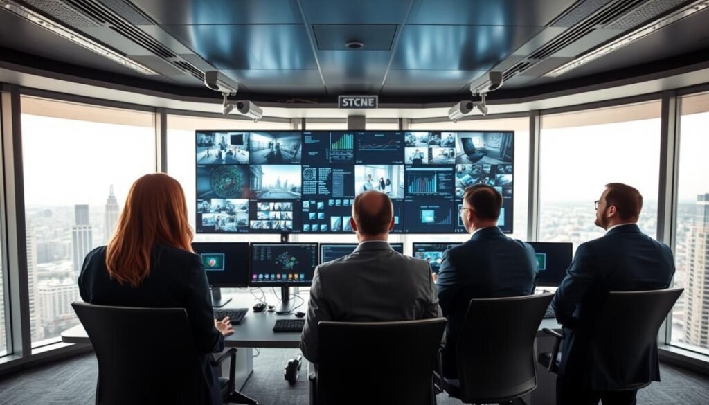 A modern, well-organized site security command center set in a sleek, high-tech office. In the foreground, a diverse group of three professionals in business attire—one woman and two men—are attentively monitoring multiple digital screens displaying security feeds and data analytics. The middle ground features an array of high-resolution surveillance cameras and cybersecurity graphics. The background shows large windows overlooking a cityscape, with a soft, natural light filtering in. The atmosphere is focused and serious, reflecting the significance of maintaining digital security. Use a wide-angle perspective to give depth to the command center, highlighting the interplay of technology and human oversight in a secure environment. A modern, well-organized site security command center set in a sleek, high-tech office. In the foreground, a diverse group of three professionals in business attire—one woman and two men—are attentively monitoring multiple digital screens displaying security feeds and data analytics. The middle ground features an array of high-resolution surveillance cameras and cybersecurity graphics. The background shows large windows overlooking a cityscape, with a soft, natural light filtering in. The atmosphere is focused and serious, reflecting the significance of maintaining digital security. Use a wide-angle perspective to give depth to the command center, highlighting the interplay of technology and human oversight in a secure environment.