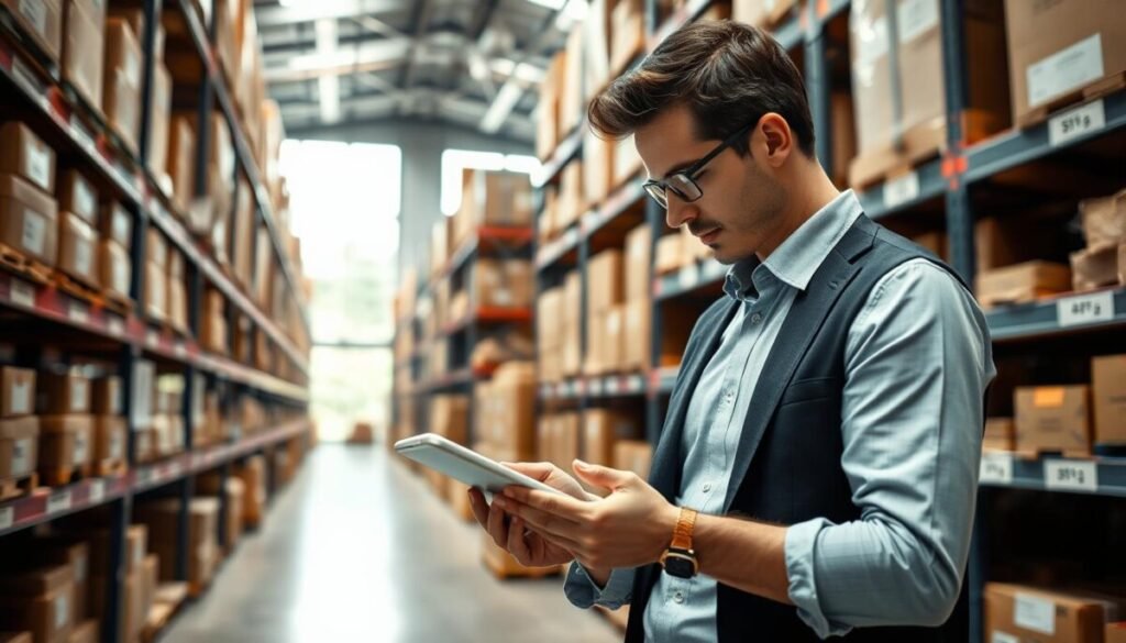 A modern, well-organized warehouse filled with neatly stored inventory boxes and shelves, showcasing efficient inventory management. In the foreground, a business professional wearing smart, casual attire closely examines a tablet that displays inventory data, focusing on stock levels. In the middle ground, rows of labeled shelves filled with products, indicating a variety of items ready for shipment. The background reveals large windows letting in soft, natural light, illuminating the space and creating a vibrant, productive atmosphere. The scene captures a sense of order and efficiency, emphasizing the importance of managing inventory effectively. The perspective is a wide-angle shot, highlighting the depth of the warehouse, encouraging a feeling of clarity and professionalism in operations. A modern, well-organized warehouse filled with neatly stored inventory boxes and shelves, showcasing efficient inventory management. In the foreground, a business professional wearing smart, casual attire closely examines a tablet that displays inventory data, focusing on stock levels. In the middle ground, rows of labeled shelves filled with products, indicating a variety of items ready for shipment. The background reveals large windows letting in soft, natural light, illuminating the space and creating a vibrant, productive atmosphere. The scene captures a sense of order and efficiency, emphasizing the importance of managing inventory effectively. The perspective is a wide-angle shot, highlighting the depth of the warehouse, encouraging a feeling of clarity and professionalism in operations.