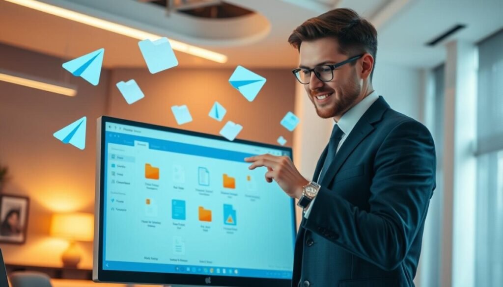 A modern workspace depicting file management in Telegram, featuring a sleek computer screen displaying Telegram's interface with visible file sharing and organization features. In the foreground, a professional individual in business attire interacts with the screen, showcasing an engaging, focused expression. The middle ground includes various digital file icons and folders floating around, symbolizing efficient organization and conversion. The background is a stylish office environment with soft lighting, emphasizing a productive atmosphere. Use a warm color palette to evoke a sense of creativity. The camera angle should be slightly tilted from above, giving a dynamic perspective of the interface. The overall mood should convey productivity, clarity, and digital innovation. A modern workspace depicting file management in Telegram, featuring a sleek computer screen displaying Telegram's interface with visible file sharing and organization features. In the foreground, a professional individual in business attire interacts with the screen, showcasing an engaging, focused expression. The middle ground includes various digital file icons and folders floating around, symbolizing efficient organization and conversion. The background is a stylish office environment with soft lighting, emphasizing a productive atmosphere. Use a warm color palette to evoke a sense of creativity. The camera angle should be slightly tilted from above, giving a dynamic perspective of the interface. The overall mood should convey productivity, clarity, and digital innovation.