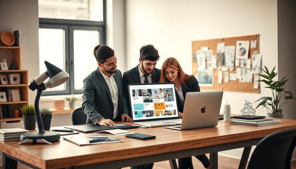 A modern workspace designed for creativity, featuring a sleek wooden desk cluttered with digital design tools like a tablet and a laptop displaying colorful design layouts. In the foreground, a diverse group of three individuals dressed in professional business attire, deeply focused on collaborating over the laptop, showcasing the power of AI tools in design creation. The middle ground features a large window allowing soft, natural light to illuminate the scene, enhancing a warm and inviting atmosphere. In the background, vibrant mood boards and sketches can be seen pinned to a corkboard, symbolizing the process of brainstorming and iterating designs. Capture this scene from a slightly elevated angle to provide a comprehensive view of the workspace, emphasizing creativity and innovation in a modern design environment. A modern workspace designed for creativity, featuring a sleek wooden desk cluttered with digital design tools like a tablet and a laptop displaying colorful design layouts. In the foreground, a diverse group of three individuals dressed in professional business attire, deeply focused on collaborating over the laptop, showcasing the power of AI tools in design creation. The middle ground features a large window allowing soft, natural light to illuminate the scene, enhancing a warm and inviting atmosphere. In the background, vibrant mood boards and sketches can be seen pinned to a corkboard, symbolizing the process of brainstorming and iterating designs. Capture this scene from a slightly elevated angle to provide a comprehensive view of the workspace, emphasizing creativity and innovation in a modern design environment.
