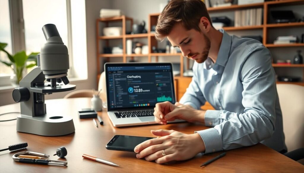 A modern workspace featuring a Google Pixel phone on a sleek desk, surrounded by essential tools for phone maintenance. In the foreground, a focused individual in business casual attire is carefully examining the phone, with a microscope and various small tools like a screwdriver and tweezers nearby. In the middle, a laptop open to a software troubleshooting interface displays diagnostic information related to phone overheating. The background reveals a warm, well-lit room with shelves filled with tech books and gadgets, enhancing the atmosphere of advanced troubleshooting. Soft natural light streams through a window, creating a calm and professional ambiance that emphasizes meticulous system maintenance.