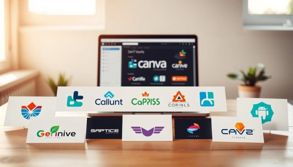 A modern workspace featuring a collection of logo variations displayed prominently on a wooden table. In the foreground, several logo designs showcase diverse styles, including minimalist, vintage, and geometric formats. Each logo is crafted with attention to balance and color, utilizing vibrant hues like blue, green, and orange against a clean white background. In the middle, a laptop is open with the Canva interface visible, demonstrating the design process. The background includes soft lighting from a nearby window, creating a warm, inviting atmosphere. The overall mood is creative and professional, encouraging innovation and design exploration in logo creation. The image should have a shallow depth of field, keeping the focus on the logos while softly blurring the background elements, ensuring a polished, cohesive look.