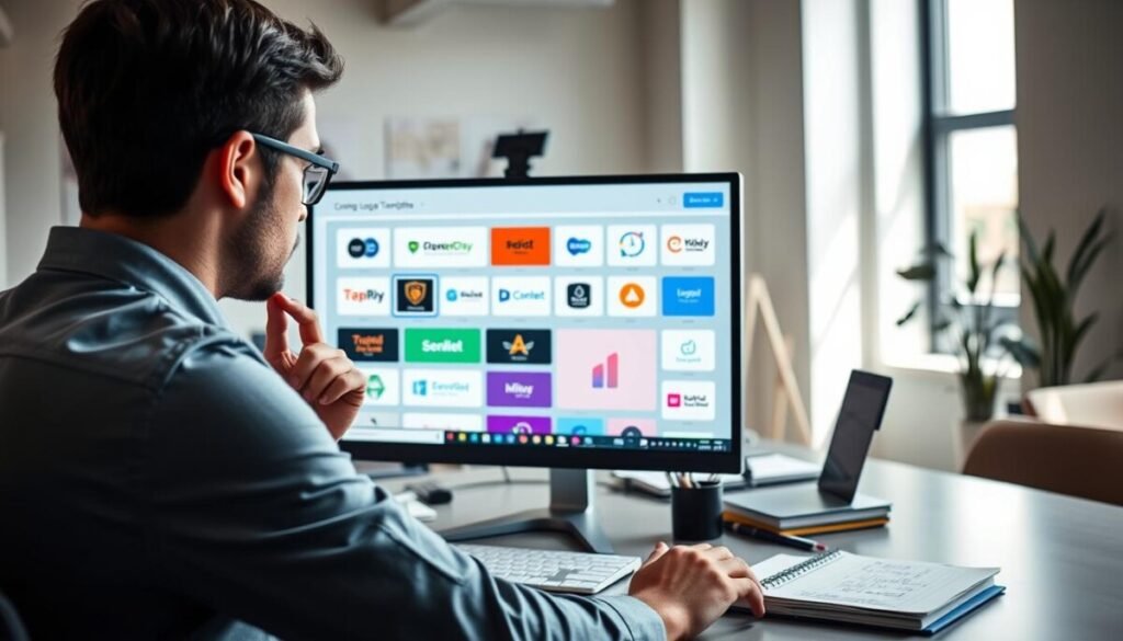 A modern workspace featuring a computer screen displaying a vibrant Canva interface with various logo templates neatly arranged. In the foreground, a professional designer, dressed in smart casual attire, is thoughtfully selecting a template, examining the details on the screen. The middle ground includes design elements like color swatches, design tools, and a notepad with scribbled ideas. The background showcases a stylish office environment with soft, natural lighting filtering through a window, creating an inviting and creative atmosphere. The perspective is slightly angled to emphasize the screen while maintaining focus on the designer’s engaged expression. The overall mood is inspiring, capturing the essence of creativity and professionalism in logo design.