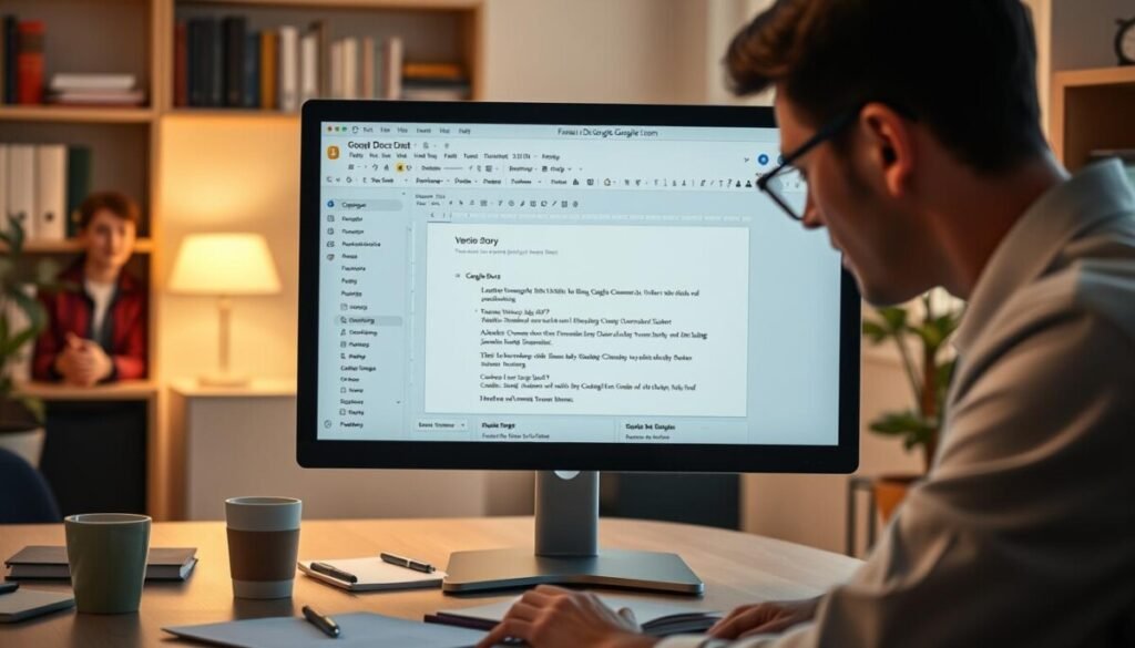 A modern workspace featuring a computer screen displaying the Google Docs interface with an open version history panel. In the foreground, a person in professional attire is intently navigating the panel, their face illuminated by the soft glow of the screen. The middle layer showcases an organized desk with a notepad, pens, and a coffee mug, reflecting a productive atmosphere. The background is softly blurred, featuring a well-lit room with bookshelves and a plant, emphasizing a comfortable and professional environment. The lighting is warm and inviting, casting subtle shadows that enhance focus on the screen. The mood is focused and informative, encouraging a sense of discovery and efficiency. No text or distractions are present in the image.