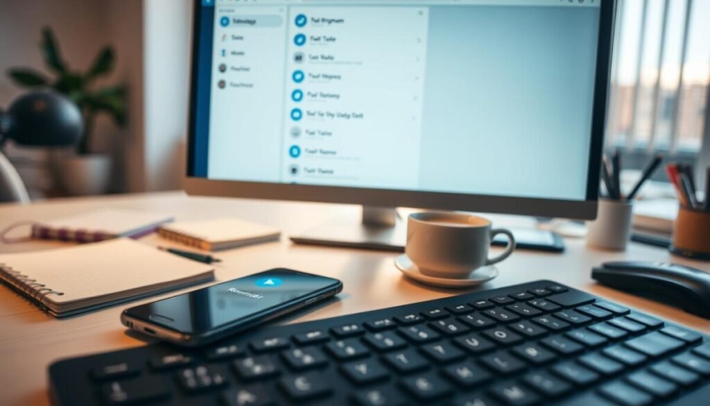 A modern workspace featuring a computer screen displaying the Telegram interface, specifically focusing on the Saved Messages section. In the foreground, there is a smartphone resting next to the keyboard, displaying a notification for a reminder, with a soft glow highlighting the screen. The middle ground includes scattered office supplies like notebooks, pens, and a cup of coffee, creating an inviting yet productive atmosphere. In the background, a window allows natural light to pour in, casting soft shadows and creating a warm, focused mood. The overall aesthetic is clean and professional, suggesting efficiency and organization, perfect for personal reminders. Use a wide-angle lens effect to capture the whole scene, emphasizing depth and clarity. A modern workspace featuring a computer screen displaying the Telegram interface, specifically focusing on the Saved Messages section. In the foreground, there is a smartphone resting next to the keyboard, displaying a notification for a reminder, with a soft glow highlighting the screen. The middle ground includes scattered office supplies like notebooks, pens, and a cup of coffee, creating an inviting yet productive atmosphere. In the background, a window allows natural light to pour in, casting soft shadows and creating a warm, focused mood. The overall aesthetic is clean and professional, suggesting efficiency and organization, perfect for personal reminders. Use a wide-angle lens effect to capture the whole scene, emphasizing depth and clarity.
