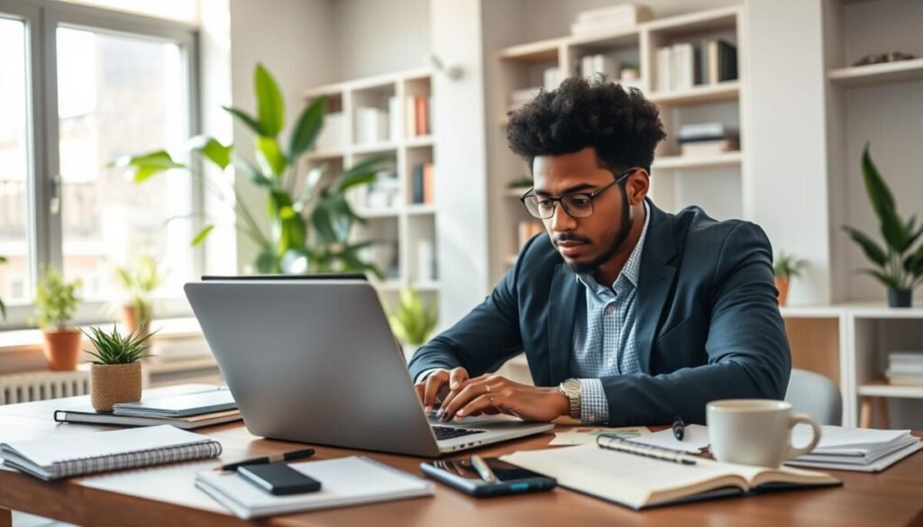 A modern workspace featuring a content creator actively optimizing blog posts. In the foreground, a diverse professional in smart casual attire focuses on a laptop displaying a blog editing interface. Their expression is one of concentration, capturing the essence of productivity. In the middle, a desk cluttered with notebooks, a smartphone, and a cup of coffee adds to the creative environment. The background showcases a bright office with bookshelves filled with writing resources and plants for a touch of nature. Natural light floods through a nearby window, creating a warm and inviting atmosphere. The overall mood is one of creativity and determination, encapsulating the spirit of effective content creation while emphasizing the importance of blog optimization. A modern workspace featuring a content creator actively optimizing blog posts. In the foreground, a diverse professional in smart casual attire focuses on a laptop displaying a blog editing interface. Their expression is one of concentration, capturing the essence of productivity. In the middle, a desk cluttered with notebooks, a smartphone, and a cup of coffee adds to the creative environment. The background showcases a bright office with bookshelves filled with writing resources and plants for a touch of nature. Natural light floods through a nearby window, creating a warm and inviting atmosphere. The overall mood is one of creativity and determination, encapsulating the spirit of effective content creation while emphasizing the importance of blog optimization.