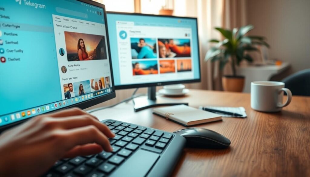 A modern workspace featuring a desktop computer displaying the Telegram app interface, focused on the steps to set up a new channel. In the foreground, a close-up of the keyboard and mouse, with a hand typing on the keyboard. The middle ground includes the computer screen showing vibrant images and icons related to channel creation, like a channel settings menu and attractive cover photo options. In the background, a well-organized desk with a notepad, pen, and a cup of coffee, evoking a productive atmosphere. Soft, natural lighting spills in from a nearby window, creating a warm and inviting mood. The scene captures a professional yet creative environment suited for focused work.