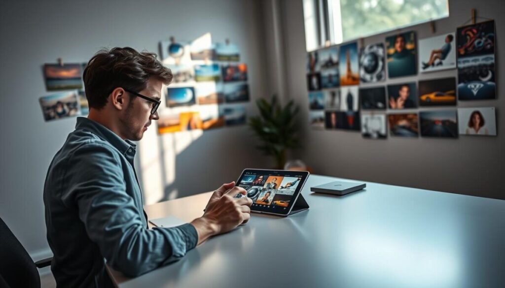 A modern workspace featuring a digital artist at a sleek desk, focused on transforming static images into dynamic video clips. In the foreground, the artist, dressed in smart casual attire, is intently using a tablet with a vibrant screen displaying animated visuals. In the middle ground, various colorful static images are pinned on a wall, showcasing a transformation from still frames to animated sequences. The background features a bright window with natural light streaming in, casting soft shadows across the room. The atmosphere is creative and inspiring, emphasizing innovation and technology. A smooth depth of field captures the artist in sharp focus while gently blurring the images behind, creating a visually engaging composition.