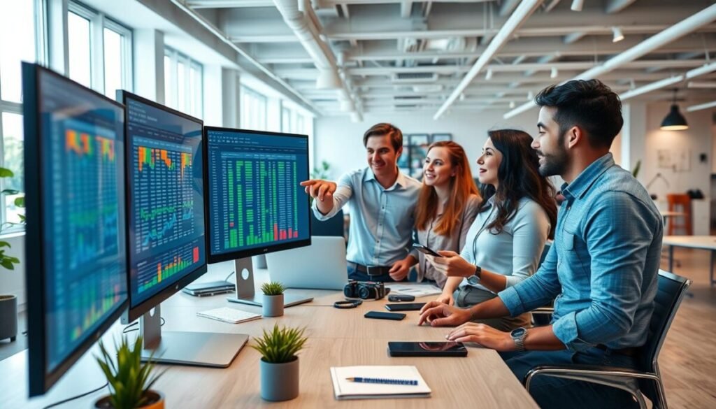 A modern workspace featuring a digital interface displaying Zapier Tables data on a sleek computer monitor, filled with organized rows and columns of vibrant, colorful data visualizations. In the foreground, a diverse group of professionals in business casual attire, engaged in a lively discussion, with one person pointing at the screen enthusiastically. The middle ground shows a stylish desk with various tech gadgets, plants, and notepads. In the background, a bright, dynamic office space filled with natural light, large windows, and minimalist decor, creating an energetic atmosphere. Use soft lighting to emphasize clarity and focus on the data while the camera angle captures depth and interaction, highlighting the collaboration aspect of using Zapier Tables. A modern workspace featuring a digital interface displaying Zapier Tables data on a sleek computer monitor, filled with organized rows and columns of vibrant, colorful data visualizations. In the foreground, a diverse group of professionals in business casual attire, engaged in a lively discussion, with one person pointing at the screen enthusiastically. The middle ground shows a stylish desk with various tech gadgets, plants, and notepads. In the background, a bright, dynamic office space filled with natural light, large windows, and minimalist decor, creating an energetic atmosphere. Use soft lighting to emphasize clarity and focus on the data while the camera angle captures depth and interaction, highlighting the collaboration aspect of using Zapier Tables.