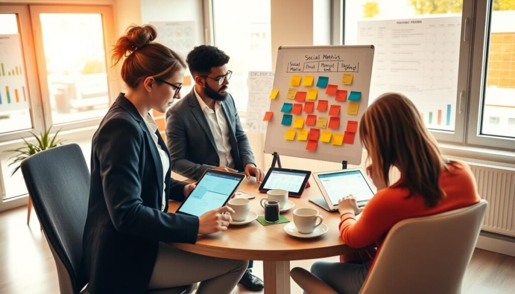 A modern workspace featuring a diverse group of four individuals collaborating on social media management strategies. In the foreground, a focused young woman in smart casual attire types on a laptop, analyzing social media metrics displayed on her screen. Next to her, a man in a business suit visualizes ideas on a digital whiteboard, surrounded by colorful post-it notes. In the middle, a cozy round table with coffee cups and tablets displaying scheduling tools creates a collaborative atmosphere. In the background, large windows let in warm natural light, illuminating charts and graphs on the walls. The mood is vibrant and dynamic, reflecting the challenges and teamwork involved in overcoming manual posting obstacles in the digital age. The scene is captured from a slightly elevated angle for a comprehensive view. A modern workspace featuring a diverse group of four individuals collaborating on social media management strategies. In the foreground, a focused young woman in smart casual attire types on a laptop, analyzing social media metrics displayed on her screen. Next to her, a man in a business suit visualizes ideas on a digital whiteboard, surrounded by colorful post-it notes. In the middle, a cozy round table with coffee cups and tablets displaying scheduling tools creates a collaborative atmosphere. In the background, large windows let in warm natural light, illuminating charts and graphs on the walls. The mood is vibrant and dynamic, reflecting the challenges and teamwork involved in overcoming manual posting obstacles in the digital age. The scene is captured from a slightly elevated angle for a comprehensive view.