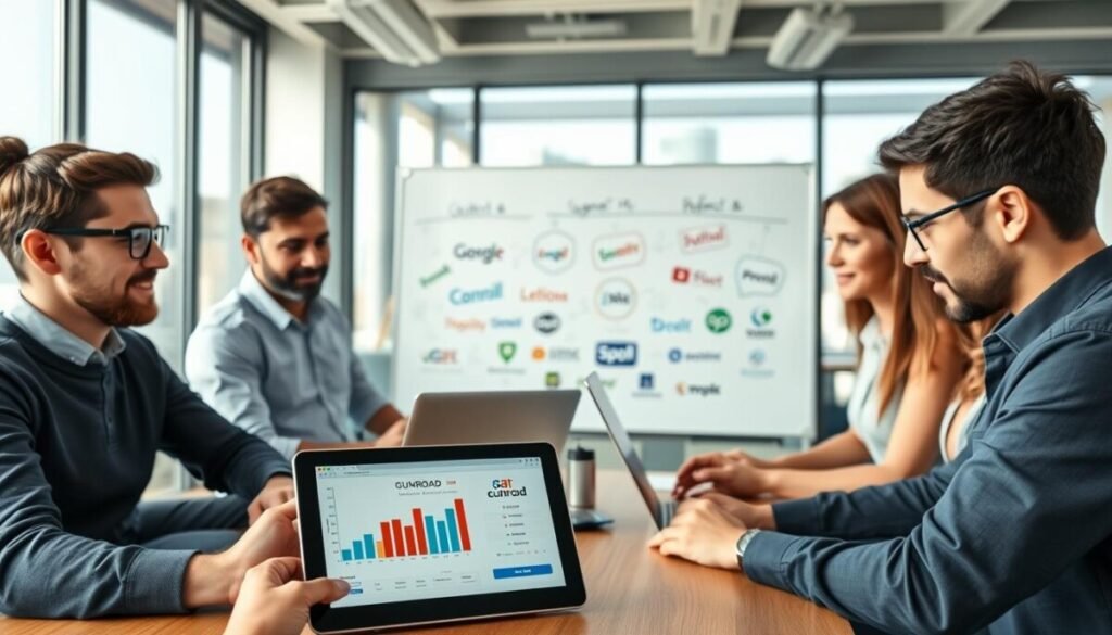 A modern workspace featuring a group of diverse professionals, both men and women, dressed in smart casual attire, engaged in a dynamic discussion over laptops and digital devices. In the foreground, a tablet displays financial charts and digital marketplace icons like Gumroad and Lemon Squeezy. The middle layer highlights a whiteboard filled with brainstorming notes and alternative platform logos. The background reveals a bright, airy office with large windows showcasing a bustling city skyline, indicating innovation and opportunity. Soft, natural lighting floods the scene, enhancing a collaborative atmosphere, while a shallow depth of field keeps the focus on the discussion. The mood is forward-thinking and exploratory, perfect for considering digital sales alternatives. A modern workspace featuring a group of diverse professionals, both men and women, dressed in smart casual attire, engaged in a dynamic discussion over laptops and digital devices. In the foreground, a tablet displays financial charts and digital marketplace icons like Gumroad and Lemon Squeezy. The middle layer highlights a whiteboard filled with brainstorming notes and alternative platform logos. The background reveals a bright, airy office with large windows showcasing a bustling city skyline, indicating innovation and opportunity. Soft, natural lighting floods the scene, enhancing a collaborative atmosphere, while a shallow depth of field keeps the focus on the discussion. The mood is forward-thinking and exploratory, perfect for considering digital sales alternatives.