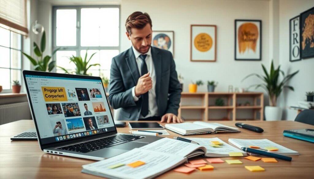 A modern workspace featuring a large, organized desk with multiple digital devices displaying visual project content. In the foreground, a laptop with an engaging interface showcasing a project management tool, notebooks with handwritten notes, and colorful sticky notes scattered around. In the middle ground, a professional individual in smart business attire, thoughtfully analyzing the content on the laptop. The background features a large window allowing soft, natural light to pour in, illuminating a clean, airy room decorated with plants and inspiring artwork. The atmosphere is focused and productive, emphasizing the concept of leveraging projects for enhanced content creation, with a warm color palette and a sense of calm organization throughout the space. A modern workspace featuring a large, organized desk with multiple digital devices displaying visual project content. In the foreground, a laptop with an engaging interface showcasing a project management tool, notebooks with handwritten notes, and colorful sticky notes scattered around. In the middle ground, a professional individual in smart business attire, thoughtfully analyzing the content on the laptop. The background features a large window allowing soft, natural light to pour in, illuminating a clean, airy room decorated with plants and inspiring artwork. The atmosphere is focused and productive, emphasizing the concept of leveraging projects for enhanced content creation, with a warm color palette and a sense of calm organization throughout the space.