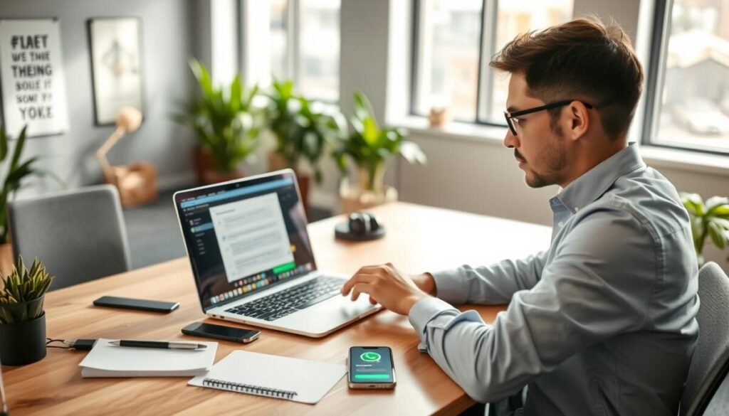 A modern workspace featuring a professional individual testing a chatbot interface on a sleek laptop. In the foreground, the person, dressed in smart casual attire, intently observes the screen, with a focused expression. The middle ground showcases a well-organized desk with notepads, a smartphone displaying WhatsApp, and tech gadgets, conveying an atmosphere of productivity and innovation. In the background, a softly blurred office setting with green plants and motivational posters adds a touch of warmth. Natural light streams in through large windows, enhancing the focus on the user and casting gentle shadows. The overall mood is one of concentration and creativity, ideal for refining automated conversations.