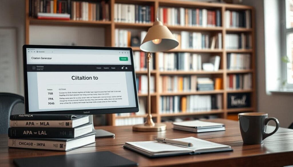 A modern workspace featuring a sleek computer screen displaying a sophisticated citation generator interface in the foreground. On the desk, there are neatly arranged books on APA, MLA, and Chicago styles, with a stylish notepad and a pen. A cup of coffee sits to the side, adding a cozy touch. In the middle, an elegant lamp casts warm light, enhancing the focus on the digital screen. The background showcases a softly blurred bookshelf filled with reference materials and academic journals. The overall atmosphere is professional and inspiring, encouraging productivity and organization in academic writing, with natural daylight filtering through a nearby window to create a bright and inviting environment. A modern workspace featuring a sleek computer screen displaying a sophisticated citation generator interface in the foreground. On the desk, there are neatly arranged books on APA, MLA, and Chicago styles, with a stylish notepad and a pen. A cup of coffee sits to the side, adding a cozy touch. In the middle, an elegant lamp casts warm light, enhancing the focus on the digital screen. The background showcases a softly blurred bookshelf filled with reference materials and academic journals. The overall atmosphere is professional and inspiring, encouraging productivity and organization in academic writing, with natural daylight filtering through a nearby window to create a bright and inviting environment.