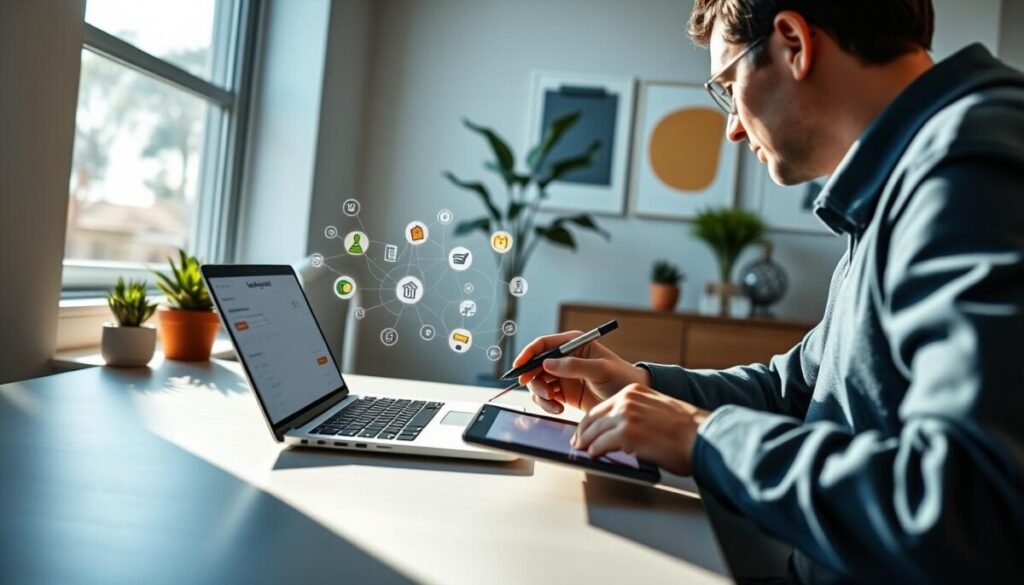 A modern workspace featuring a sleek desk with a laptop displaying a colorful dashboard of the Lemon Squeezy API integration interface. In the foreground, a person in professional attire is thoughtfully analyzing the data on the screen, using a stylus on a digital tablet. A bright window floods the room with natural light, casting soft shadows. The middle ground showcases various digital product icons and connections illustrated visually, representing integration capabilities. In the background, modern decor of potted plants and abstract art pieces adds a touch of creativity. The mood is productive and innovative, emphasizing technology and collaboration. Focus on a clear angle from slightly above to capture the setup and the user's engagement. A modern workspace featuring a sleek desk with a laptop displaying a colorful dashboard of the Lemon Squeezy API integration interface. In the foreground, a person in professional attire is thoughtfully analyzing the data on the screen, using a stylus on a digital tablet. A bright window floods the room with natural light, casting soft shadows. The middle ground showcases various digital product icons and connections illustrated visually, representing integration capabilities. In the background, modern decor of potted plants and abstract art pieces adds a touch of creativity. The mood is productive and innovative, emphasizing technology and collaboration. Focus on a clear angle from slightly above to capture the setup and the user's engagement.