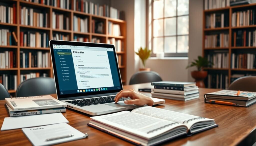 A modern workspace featuring a sleek, high-tech citation generator interface on a laptop screen, placed on a polished wooden desk. In the foreground, a hand is typing, showcasing a professional, organized environment. The middle ground includes scattered reference books on citation styles (APA, MLA, Chicago) and a notepad with handwritten notes, emphasizing the tools used for academic writing. The background displays a well-lit room with bookshelves filled with academic literature, soft natural light streaming through a window, creating a warm, inviting atmosphere. The overall mood is focused and productive, highlighting the importance of effective citation tools in research. A modern workspace featuring a sleek, high-tech citation generator interface on a laptop screen, placed on a polished wooden desk. In the foreground, a hand is typing, showcasing a professional, organized environment. The middle ground includes scattered reference books on citation styles (APA, MLA, Chicago) and a notepad with handwritten notes, emphasizing the tools used for academic writing. The background displays a well-lit room with bookshelves filled with academic literature, soft natural light streaming through a window, creating a warm, inviting atmosphere. The overall mood is focused and productive, highlighting the importance of effective citation tools in research.