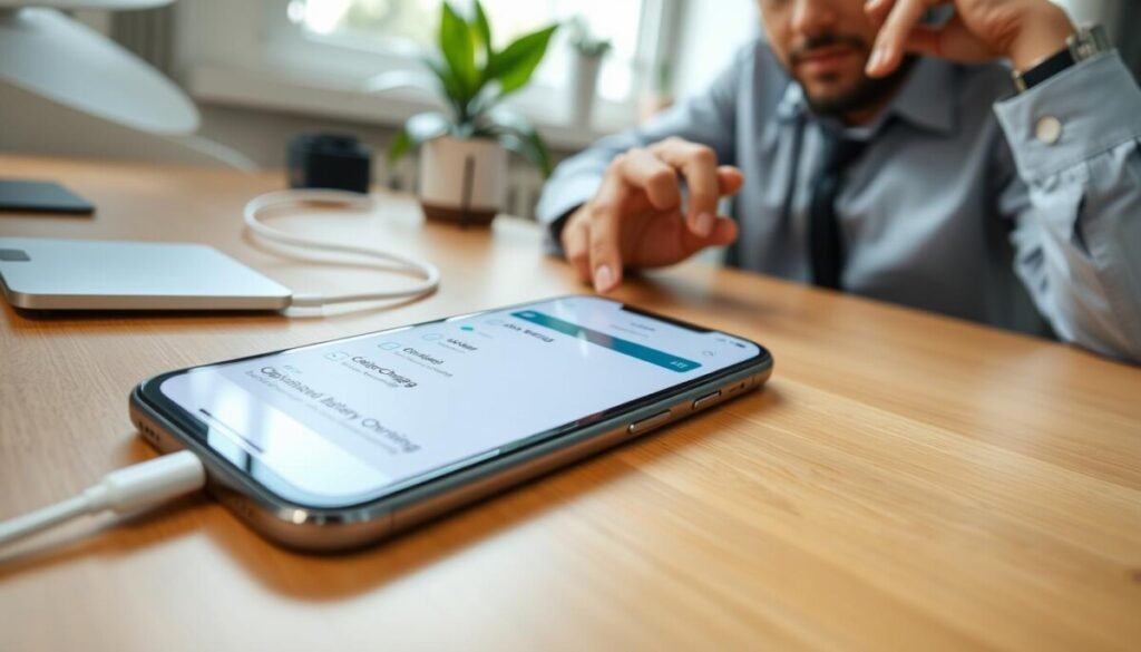 A modern workspace featuring a sleek iPhone lying on a wooden desk, with the user’s hands interacting with the device, adjusting charging settings. In the foreground, the phone screen displays a clear interface of the battery settings menu, emphasizing options like "Optimized Battery Charging." The user, a person in smart casual attire, focuses on the screen with a thoughtful expression. In the middle background, there are subtle elements like a charging cable coiled neatly and a plant adding a touch of greenery. Soft natural light filters through a nearby window, creating a calm atmosphere. The angle is slightly tilted to capture both the phone and the user's engagement, evoking a sense of management and intention in the setting.