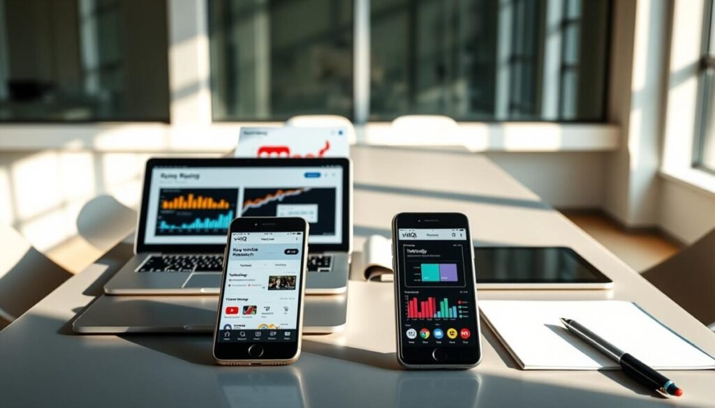 A modern workspace featuring a sleek laptop displaying colorful graphs and charts representing keyword research data. In the foreground, a smartphone with the TubeBuddy and vidIQ apps open side by side, showcasing their user interfaces. In the middle, a stylish conference table with a notepad, a pen, and a digital tablet, suggesting analysis and comparison of tools. The background features a large window with natural light pouring in, casting soft shadows around the room, creating a focused and professional atmosphere. The overall mood is one of productivity and innovation, emphasizing the analytical nature of keyword research in social media growth. Use a clear focus, with a slight depth of field to highlight the laptop and apps.