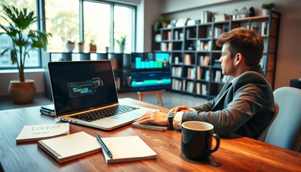 A modern workspace featuring a sleek laptop open on a wooden desk, displaying an intuitive video editing interface. In the foreground, a person dressed in professional business attire, seated and actively working on the project, their focused expression highlighted by soft, warm lighting. The middle ground showcases notebooks and a coffee mug, adding a cozy touch. In the background, a bookshelf filled with video production resources and a large window letting in natural sunlight, creating an inviting atmosphere. The overall mood is one of productivity and creativity, capturing the essence of embarking on a first video editing project. The angle is a slightly elevated view, giving a clear perspective of the workspace.