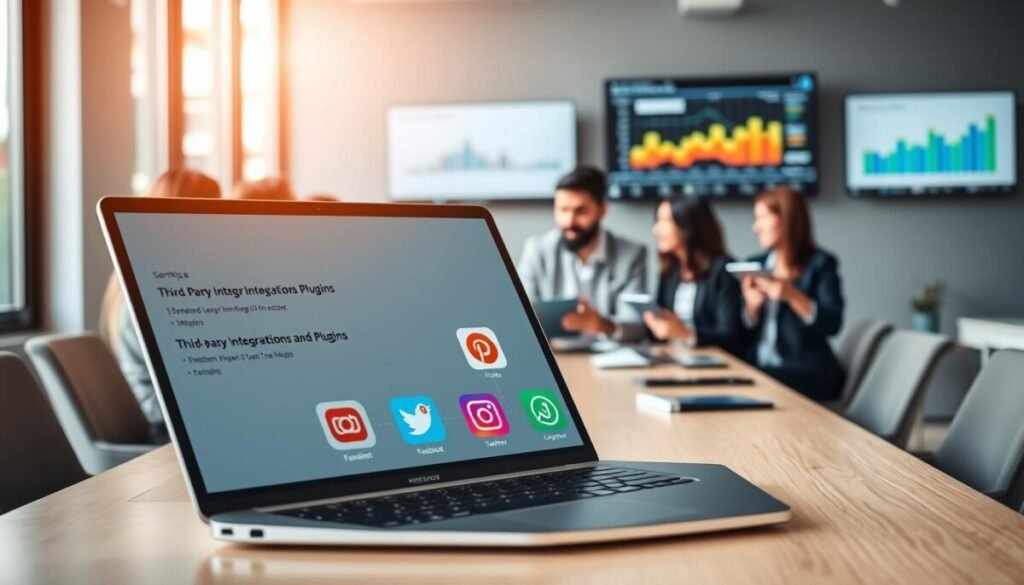 A modern workspace featuring a sleek laptop open to a user-friendly design interface, showcasing third-party integrations and plugins for social media management. In the foreground, a diverse group of professionals in smart casual attire collaborates around a table, exchanging ideas with digital tablets in hand. The middle ground displays vibrant app icons like Facebook, Twitter, and Instagram, visually connected by dotted lines to represent seamless integration. In the background, a wall-mounted screen highlights data analytics in a dynamic and colorful chart. Soft, natural lighting creates an inspiring atmosphere, and a wide-angle lens captures the bustling environment, illustrating productivity and creativity in action. A modern workspace featuring a sleek laptop open to a user-friendly design interface, showcasing third-party integrations and plugins for social media management. In the foreground, a diverse group of professionals in smart casual attire collaborates around a table, exchanging ideas with digital tablets in hand. The middle ground displays vibrant app icons like Facebook, Twitter, and Instagram, visually connected by dotted lines to represent seamless integration. In the background, a wall-mounted screen highlights data analytics in a dynamic and colorful chart. Soft, natural lighting creates an inspiring atmosphere, and a wide-angle lens captures the bustling environment, illustrating productivity and creativity in action.