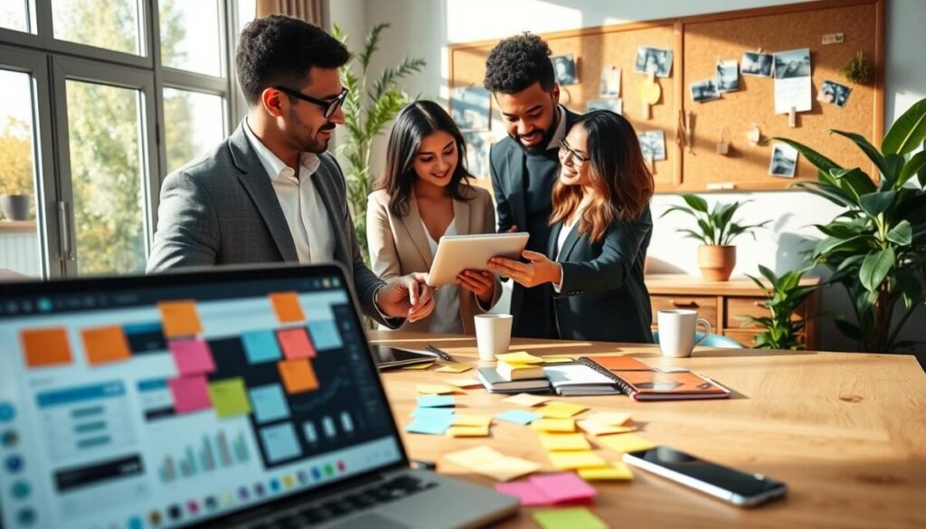 A modern workspace featuring a stylish wooden desk in the foreground, cluttered with vibrant post-it notes, a laptop displaying a social media calendar, and a smartphone showing analytics. In the middle, a diverse group of three professionals in smart casual attire collaborate, pointing at a digital tablet, surrounded by colorful notebooks and a coffee cup. Natural light floods the space from a large window, casting soft shadows for a warm and inviting atmosphere. The background includes a wall-mounted corkboard filled with images and pinned ideas, and lush indoor plants that add a refreshing touch. Overall, the mood is creative and focused, emphasizing teamwork in social media content planning.