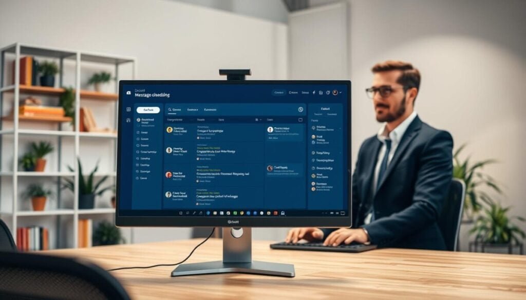 A modern workspace featuring an advanced Discord interface on a sleek computer monitor. The foreground includes a close-up of the screen displaying organized message scheduling features, with a calendar interface and customizable options highlighted. In the middle, a professional user in smart casual attire interacts with the computer, focused and engaged in community management. The background shows a well-lit room with shelves filled with tech books and plants, creating a warm and inviting atmosphere. Soft overhead lighting casts gentle shadows, emphasizing the modernity and efficiency of the workspace. The overall mood is productive and innovative, reflecting the advanced capabilities of Discord for professional community management. A modern workspace featuring an advanced Discord interface on a sleek computer monitor. The foreground includes a close-up of the screen displaying organized message scheduling features, with a calendar interface and customizable options highlighted. In the middle, a professional user in smart casual attire interacts with the computer, focused and engaged in community management. The background shows a well-lit room with shelves filled with tech books and plants, creating a warm and inviting atmosphere. Soft overhead lighting casts gentle shadows, emphasizing the modernity and efficiency of the workspace. The overall mood is productive and innovative, reflecting the advanced capabilities of Discord for professional community management.