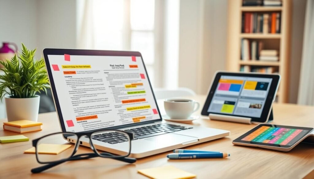 A modern workspace featuring an open laptop displaying a PDF document with highlighted annotations, surrounded by colorful sticky notes and pens. In the foreground, a pair of glasses rests beside the laptop, emphasizing focus and detail. In the middle, a neatly organized desk with a potted plant and a cup of coffee creates a warm, inviting atmosphere, while a tablet on the side shows a digital annotation app with vibrant colors for easy reading. The background includes a subtle bookshelf filled with reference materials in soft focus, enhancing the scholarly feel. Bright, natural lighting streams in through a window, illuminating the workspace and creating a productive yet cozy mood. The image conveys an efficient and engaging PDF annotation and reading workflow. A modern workspace featuring an open laptop displaying a PDF document with highlighted annotations, surrounded by colorful sticky notes and pens. In the foreground, a pair of glasses rests beside the laptop, emphasizing focus and detail. In the middle, a neatly organized desk with a potted plant and a cup of coffee creates a warm, inviting atmosphere, while a tablet on the side shows a digital annotation app with vibrant colors for easy reading. The background includes a subtle bookshelf filled with reference materials in soft focus, enhancing the scholarly feel. Bright, natural lighting streams in through a window, illuminating the workspace and creating a productive yet cozy mood. The image conveys an efficient and engaging PDF annotation and reading workflow.