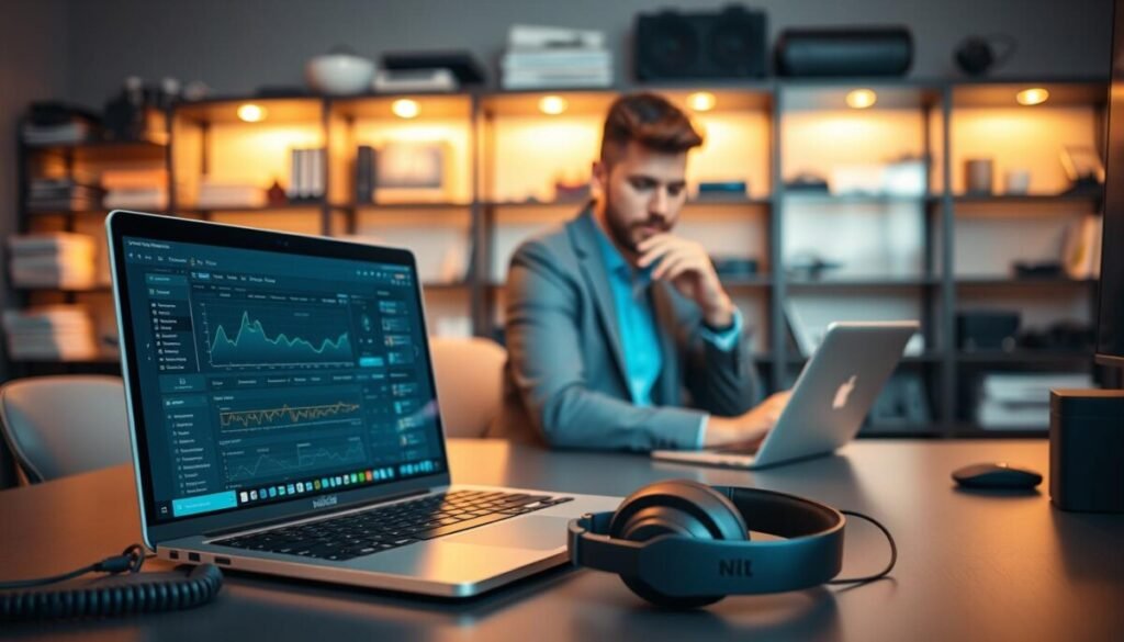 A modern workspace focused on optimizing bitrate encoder settings for streaming. In the foreground, a laptop is displayed, showcasing a vibrant digital interface with graphs, bitrate settings, and encoder options visible. To the side, a pair of professional headphones lies on a sleek desk. In the middle of the scene, there's a calm, focused individual in smart casual attire, intently examining the laptop screen, with a thoughtful expression. The background features a blurred bookshelf filled with tech manuals and gadgets, softly illuminated by warm ambient lighting to create an inviting, productive atmosphere. The image should evoke a sense of technical proficiency and creativity, with a shallow depth of field to emphasize the workspace in action.