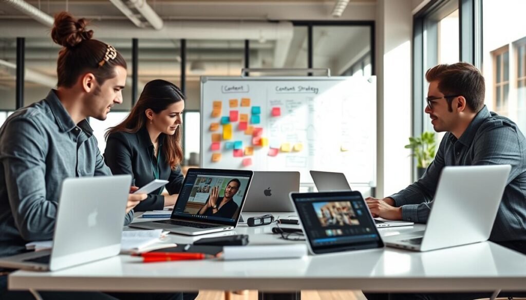 A modern workspace focused on video content creation strategy. In the foreground, a diverse group of three professionals, one woman and two men, are gathered around a sleek table covered with laptops, notebooks, and a digital tablet displaying video editing software. They are dressed in smart casual attire, with an atmosphere of collaboration and creativity. The middle layer features a whiteboard filled with colorful sticky notes and diagrams outlining a content strategy. In the background, large windows allow natural light to flood in, illuminating the space and giving it an open, inspirational feel. The overall mood is dynamic and productive, emphasizing teamwork and effective planning in the digital age. The scene is shot from a slightly elevated angle, allowing a comprehensive view of the engaged team and workspace. A modern workspace focused on video content creation strategy. In the foreground, a diverse group of three professionals, one woman and two men, are gathered around a sleek table covered with laptops, notebooks, and a digital tablet displaying video editing software. They are dressed in smart casual attire, with an atmosphere of collaboration and creativity. The middle layer features a whiteboard filled with colorful sticky notes and diagrams outlining a content strategy. In the background, large windows allow natural light to flood in, illuminating the space and giving it an open, inspirational feel. The overall mood is dynamic and productive, emphasizing teamwork and effective planning in the digital age. The scene is shot from a slightly elevated angle, allowing a comprehensive view of the engaged team and workspace.