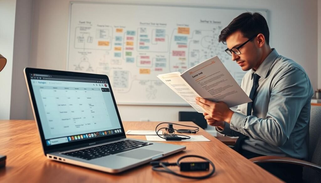 A modern workspace illustrating the concept of self-hosting scheduling. In the foreground, a sleek laptop displays an open-source calendar app interface with visible scheduling features. To the right, a professional person in business attire (a man, around 30, wearing a neatly pressed shirt and glasses) examines a technical document with server setup guidelines. In the middle ground, a well-organized desk with technical tools like a Raspberry Pi and network cables is visible, emphasizing the technical requirements. The background features a whiteboard filled with colorful mind maps and technical notes. Soft, warm lighting creates a focused and productive atmosphere, captured from a slightly elevated angle to provide a comprehensive view of the scene. A modern workspace illustrating the concept of self-hosting scheduling. In the foreground, a sleek laptop displays an open-source calendar app interface with visible scheduling features. To the right, a professional person in business attire (a man, around 30, wearing a neatly pressed shirt and glasses) examines a technical document with server setup guidelines. In the middle ground, a well-organized desk with technical tools like a Raspberry Pi and network cables is visible, emphasizing the technical requirements. The background features a whiteboard filled with colorful mind maps and technical notes. Soft, warm lighting creates a focused and productive atmosphere, captured from a slightly elevated angle to provide a comprehensive view of the scene.