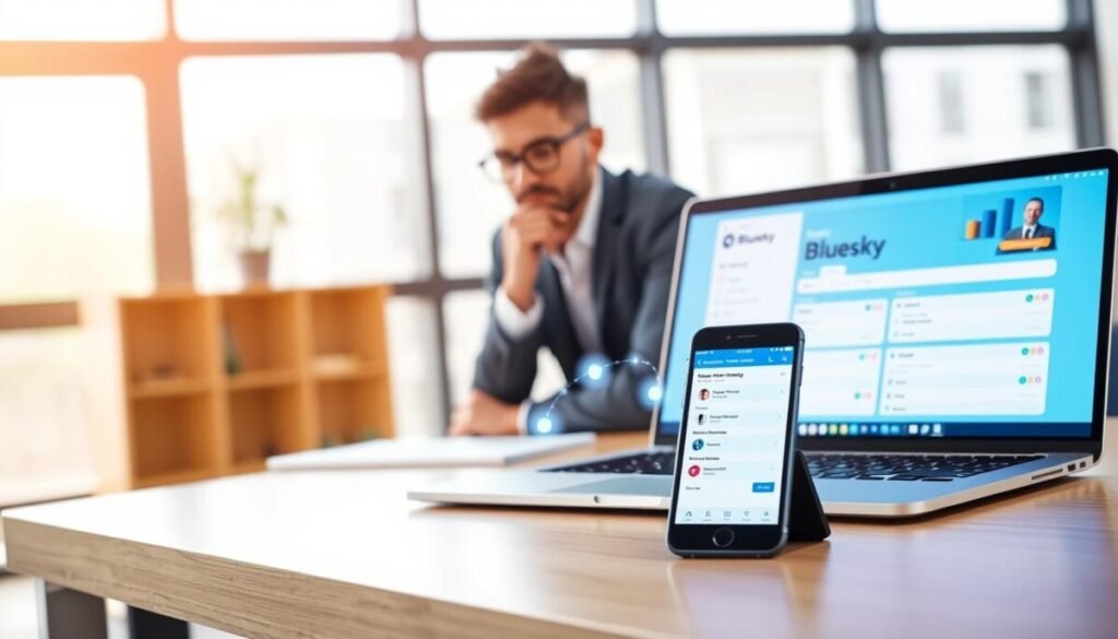 A modern workspace scene capturing the essence of connecting a Bluesky account to a scheduling platform. In the foreground, a sleek laptop displays the Bluesky interface, with vibrant colors and a user-friendly layout. Beside it, a smartphone showcases a scheduling app, both devices connected via a visible, glowing digital link, symbolizing connectivity. In the middle ground, a professional person, dressed in smart casual attire, is engaged in thoughtful interaction with the devices, emphasizing productivity. The background features a bright, airy office environment with large windows, allowing natural light to illuminate the scene, creating a warm and inviting atmosphere. The composition should be shot from a slightly elevated angle, focusing on the devices and the person's engaged expression, conveying a sense of innovation and efficiency in social media management. A modern workspace scene capturing the essence of connecting a Bluesky account to a scheduling platform. In the foreground, a sleek laptop displays the Bluesky interface, with vibrant colors and a user-friendly layout. Beside it, a smartphone showcases a scheduling app, both devices connected via a visible, glowing digital link, symbolizing connectivity. In the middle ground, a professional person, dressed in smart casual attire, is engaged in thoughtful interaction with the devices, emphasizing productivity. The background features a bright, airy office environment with large windows, allowing natural light to illuminate the scene, creating a warm and inviting atmosphere. The composition should be shot from a slightly elevated angle, focusing on the devices and the person's engaged expression, conveying a sense of innovation and efficiency in social media management.