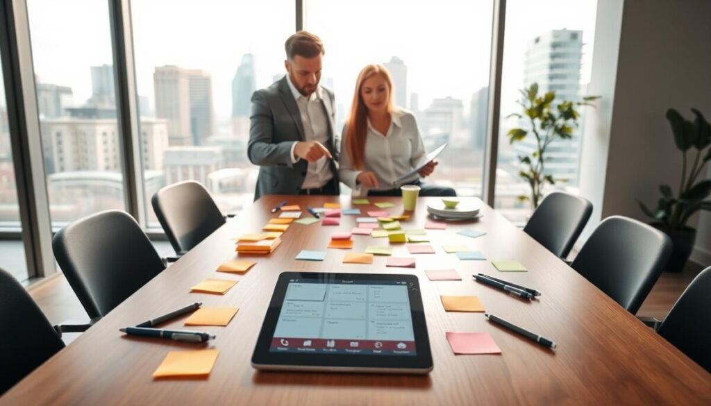 A modern workspace scene displaying collaborative notes in action. In the foreground, a sleek wooden table adorned with colorful sticky notes, a digital tablet displaying a shared note-taking app, and several pens scattered around. In the middle, two individuals—one in professional business attire and the other in smart casual clothing—engaged in discussion, pointing at the tablet. The background features a large window letting in natural light, with an urban skyline visible outside, creating an inviting atmosphere. The overall mood is productive and focused, conveying teamwork and cooperation. The lighting is bright and airy, emphasizing a sense of openness and creativity in this collaborative environment. A modern workspace scene displaying collaborative notes in action. In the foreground, a sleek wooden table adorned with colorful sticky notes, a digital tablet displaying a shared note-taking app, and several pens scattered around. In the middle, two individuals—one in professional business attire and the other in smart casual clothing—engaged in discussion, pointing at the tablet. The background features a large window letting in natural light, with an urban skyline visible outside, creating an inviting atmosphere. The overall mood is productive and focused, conveying teamwork and cooperation. The lighting is bright and airy, emphasizing a sense of openness and creativity in this collaborative environment.