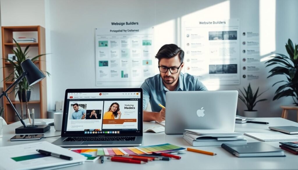 A modern workspace scene focused on the theme of web design comparison. In the foreground, a sleek desk cluttered with design tools like sketchpads, a laptop showcasing side-by-side screenshots of Framer and Webflow interfaces, and color swatches. The middle ground features a professional working intently, wearing smart casual clothing, with glasses perched on their nose, analyzing the designs. In the background, a large infographic displaying key features of various website builders is pinned to a wall, softly illuminated by natural light streaming through a large window, casting gentle shadows. The overall atmosphere should feel innovative and collaborative, with a color palette of soft blues and whites to evoke a sense of creativity and professionalism. A modern workspace scene focused on the theme of web design comparison. In the foreground, a sleek desk cluttered with design tools like sketchpads, a laptop showcasing side-by-side screenshots of Framer and Webflow interfaces, and color swatches. The middle ground features a professional working intently, wearing smart casual clothing, with glasses perched on their nose, analyzing the designs. In the background, a large infographic displaying key features of various website builders is pinned to a wall, softly illuminated by natural light streaming through a large window, casting gentle shadows. The overall atmosphere should feel innovative and collaborative, with a color palette of soft blues and whites to evoke a sense of creativity and professionalism.