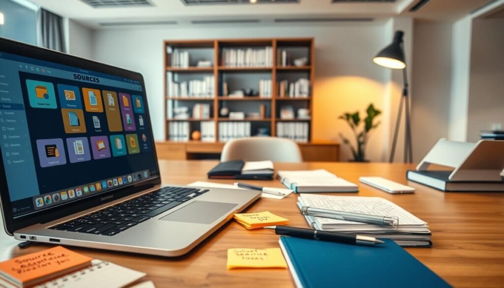 A modern workspace scene focusing on the concept of "sources." In the foreground, an open laptop displays an organized digital document management system with colorful icons representing various types of sources. Scattered around the laptop are neatly arranged notebooks, sticky notes with annotations, and a pen. In the middle, a sleek, wooden desk holds an elegant bookshelf filled with academic texts and research papers, hinting at a research-oriented atmosphere. The background features a softly lit office space with a large window, allowing natural light to illuminate the scene, creating a warm and inviting mood. The camera angle is slightly above eye level, capturing the entire arrangement in a professional and inspiring way. The overall atmosphere conveys focus and productivity, ideal for managing data and sources effectively. A modern workspace scene focusing on the concept of "sources." In the foreground, an open laptop displays an organized digital document management system with colorful icons representing various types of sources. Scattered around the laptop are neatly arranged notebooks, sticky notes with annotations, and a pen. In the middle, a sleek, wooden desk holds an elegant bookshelf filled with academic texts and research papers, hinting at a research-oriented atmosphere. The background features a softly lit office space with a large window, allowing natural light to illuminate the scene, creating a warm and inviting mood. The camera angle is slightly above eye level, capturing the entire arrangement in a professional and inspiring way. The overall atmosphere conveys focus and productivity, ideal for managing data and sources effectively.