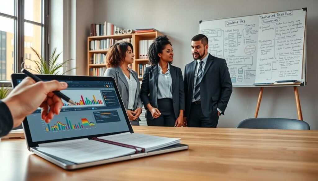 A modern workspace scene illustrating "Dovetail transcription" in action. In the foreground, a sleek laptop displays an open Dovetail interface with vibrant graphs and highlighted text. Beside the laptop, a hand holds a stylus, poised over a notepad filled with neatly organized notes. In the middle ground, a group of three diverse professionals—two women and one man—are engaged in a focused discussion, all dressed in smart business attire. Soft natural light filters through a large window, creating a warm and inviting atmosphere. In the background, a bookshelf filled with research materials and a large whiteboard covered in brainstorming notes adds depth to the scene, suggesting an environment dedicated to qualitative data analysis. The mood is collaborative and intellectually stimulating. A modern workspace scene illustrating "Dovetail transcription" in action. In the foreground, a sleek laptop displays an open Dovetail interface with vibrant graphs and highlighted text. Beside the laptop, a hand holds a stylus, poised over a notepad filled with neatly organized notes. In the middle ground, a group of three diverse professionals—two women and one man—are engaged in a focused discussion, all dressed in smart business attire. Soft natural light filters through a large window, creating a warm and inviting atmosphere. In the background, a bookshelf filled with research materials and a large whiteboard covered in brainstorming notes adds depth to the scene, suggesting an environment dedicated to qualitative data analysis. The mood is collaborative and intellectually stimulating.