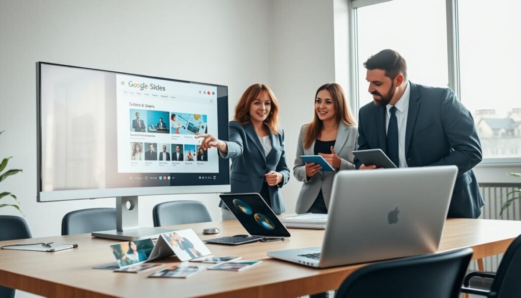 A modern workspace scene showcasing a sleek computer desk with a large monitor displaying Google Slides. In the foreground, a diverse group of three professionals, two women and one man, are collaborating over the slides, each dressed in smart business attire. One of the women is pointing at the screen, while the man takes notes on a tablet. The middle ground features an open laptop with external assets like high-quality images and icons scattered around, illustrating integration into the slides. The background includes a bright window with natural sunlight streaming in, enhancing the productive atmosphere. The overall mood is one of creativity and collaboration, set in a clean and contemporary office space. The lighting is soft yet focused, creating a warm, inviting environment. A modern workspace scene showcasing a sleek computer desk with a large monitor displaying Google Slides. In the foreground, a diverse group of three professionals, two women and one man, are collaborating over the slides, each dressed in smart business attire. One of the women is pointing at the screen, while the man takes notes on a tablet. The middle ground features an open laptop with external assets like high-quality images and icons scattered around, illustrating integration into the slides. The background includes a bright window with natural sunlight streaming in, enhancing the productive atmosphere. The overall mood is one of creativity and collaboration, set in a clean and contemporary office space. The lighting is soft yet focused, creating a warm, inviting environment.