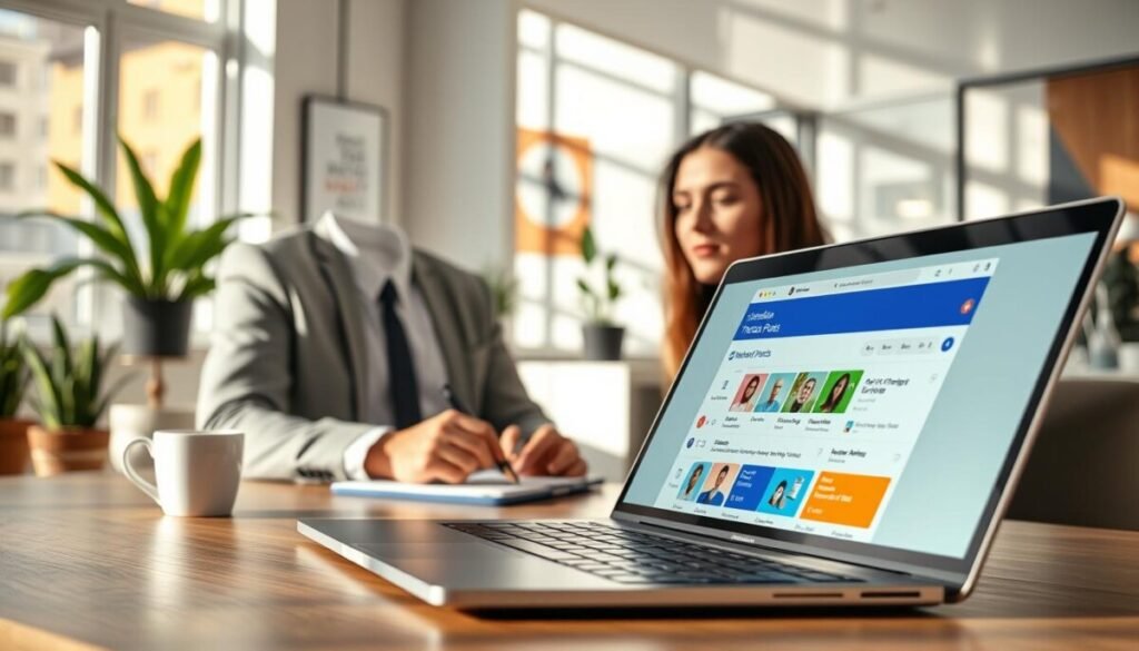 A modern workspace scene showing a professional individual scheduling posts on a sleek laptop. The foreground features a close-up of the laptop screen displaying a user-friendly interface for scheduling Threads posts, with colorful icons representing native features and various third-party tools. In the middle ground, the individual, dressed in smart casual attire, is focused and engaged, with a notepad and coffee cup nearby. The background features a bright, airy office with plants and motivational posters on the walls, creating a productive atmosphere. Natural daylight filters through large windows, casting soft shadows, enhancing the inviting mood of efficiency and organization. A modern workspace scene showing a professional individual scheduling posts on a sleek laptop. The foreground features a close-up of the laptop screen displaying a user-friendly interface for scheduling Threads posts, with colorful icons representing native features and various third-party tools. In the middle ground, the individual, dressed in smart casual attire, is focused and engaged, with a notepad and coffee cup nearby. The background features a bright, airy office with plants and motivational posters on the walls, creating a productive atmosphere. Natural daylight filters through large windows, casting soft shadows, enhancing the inviting mood of efficiency and organization.