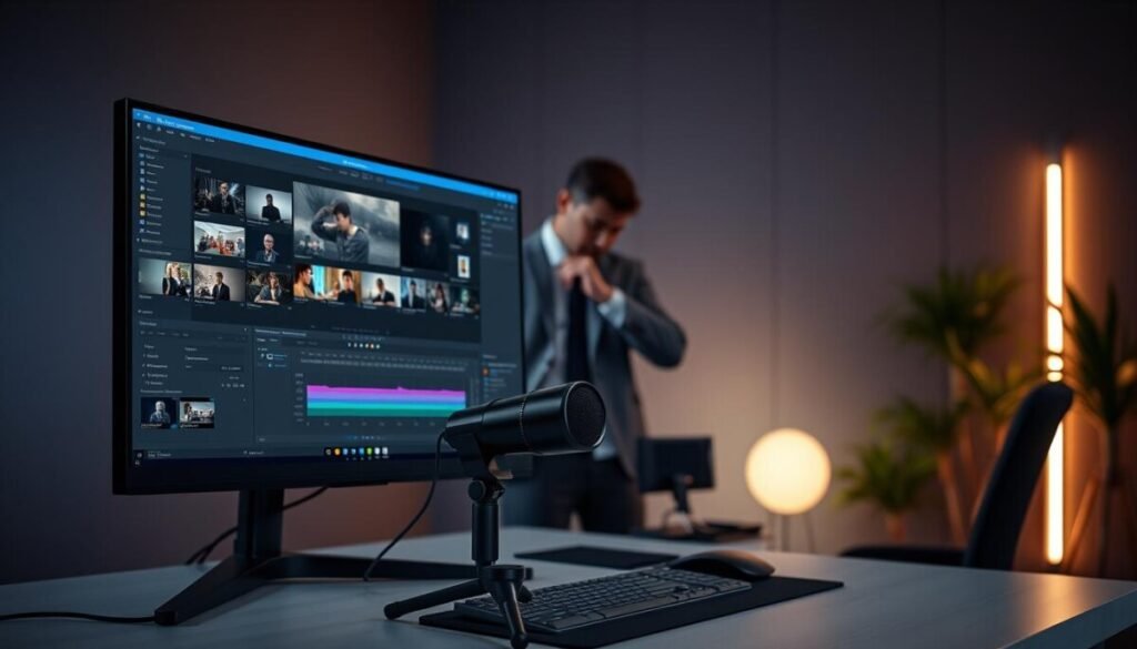 A modern workspace setup showcasing a computer monitor displaying OBS Studio, meticulously arranged with various scenes and sources visible on the screen. In the foreground, a sleek desk with a gaming microphone and a high-quality camera positioned for streaming, emphasizing a professional layout. In the middle ground, an individual dressed in professional business attire, focused and adjusting settings on the OBS interface, exuding confidence and expertise. The background features a dimly lit room with ambient LED lights, creating a tech-savvy atmosphere. Soft, diffused lighting highlights the workspace while maintaining a cozy vibe, hinting at the possibility of engaging streaming content. The composition is shot from a slightly elevated angle, providing an inviting perspective, ensuring no text or distractions in the frame.