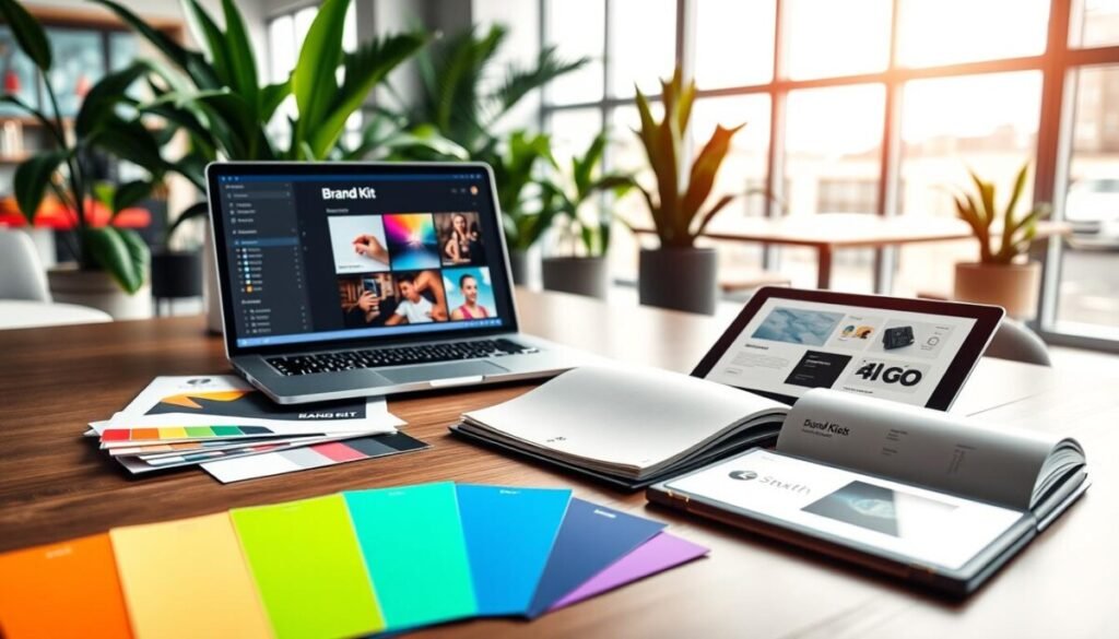 A modern workspace showcasing a "brand kit" concept. In the foreground, a stylish desk features a vibrant color palette, with printed brand guidelines, color swatches, and a sleek laptop displaying a design tool interface. In the middle ground, an elegant, open notebook is placed beside a set of professional, high-quality business cards and a digital tablet illustrating branding elements. The background depicts a well-lit office space with green plants and large windows allowing natural light to flood in, creating a warm and inviting atmosphere. The entire scene conveys creativity and professionalism, emphasizing the power of coherent branding in a contemporary setting, captured with a bright and airy tone, using a soft-focus lens for added depth.