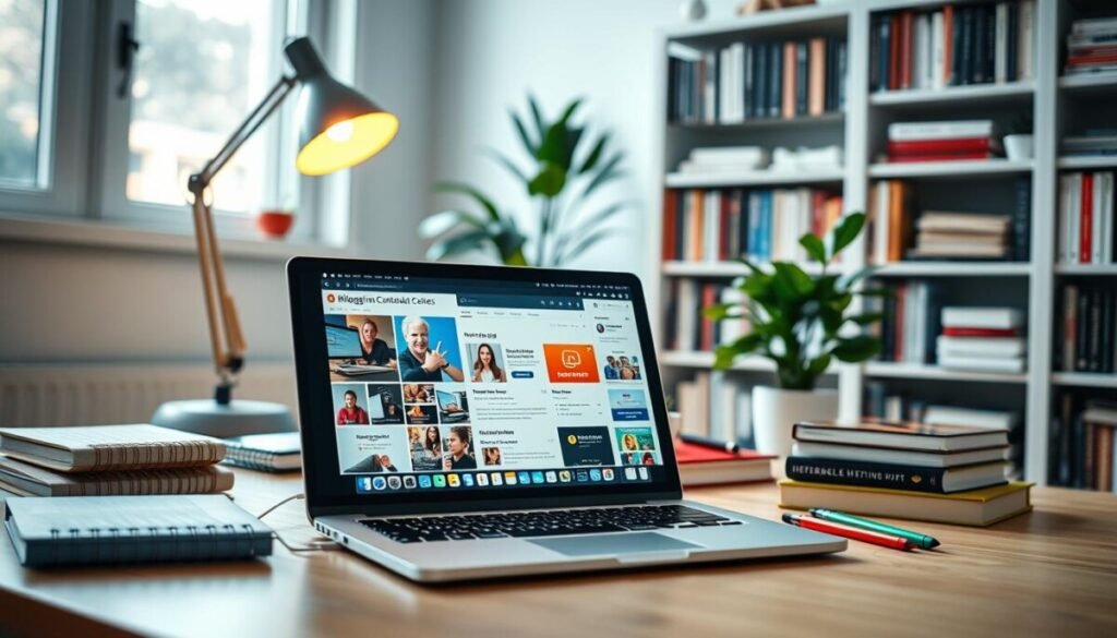 A modern workspace showcasing a collage of blogging tools, set in a bright, aesthetically pleasing home office environment. In the foreground, a sleek laptop is open, displaying a vibrant blogging dashboard with various content management features. To the side, there are attractive notebooks and colorful pens scattered around. In the middle, a stylish desk lamp illuminates the scene, enhancing the warm and inviting atmosphere. The background features a well-organized bookshelf filled with reference books on blogging and digital marketing, accompanied by a plant that adds a touch of greenery. Soft natural light streams through a nearby window, creating a calm and inspiring mood, ideal for creative work. Focus on a balanced composition with a shallow depth of field that emphasizes the foreground elements while subtly blurring the background. A modern workspace showcasing a collage of blogging tools, set in a bright, aesthetically pleasing home office environment. In the foreground, a sleek laptop is open, displaying a vibrant blogging dashboard with various content management features. To the side, there are attractive notebooks and colorful pens scattered around. In the middle, a stylish desk lamp illuminates the scene, enhancing the warm and inviting atmosphere. The background features a well-organized bookshelf filled with reference books on blogging and digital marketing, accompanied by a plant that adds a touch of greenery. Soft natural light streams through a nearby window, creating a calm and inspiring mood, ideal for creative work. Focus on a balanced composition with a shallow depth of field that emphasizes the foreground elements while subtly blurring the background.